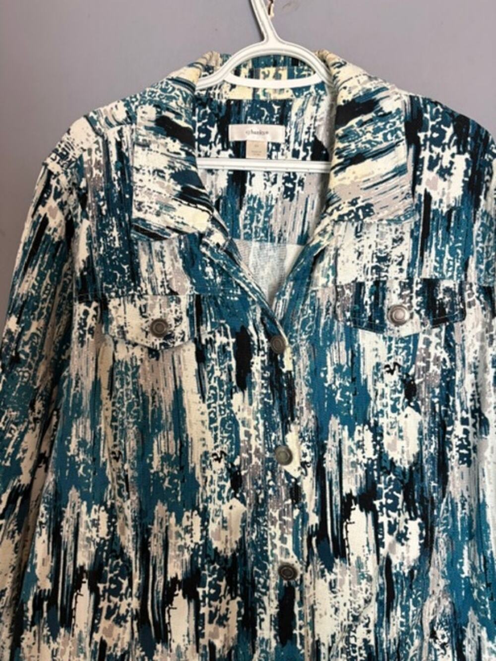 CJ Banks Womens Teal Cream Abstract Print Button Front Blouse 3XL